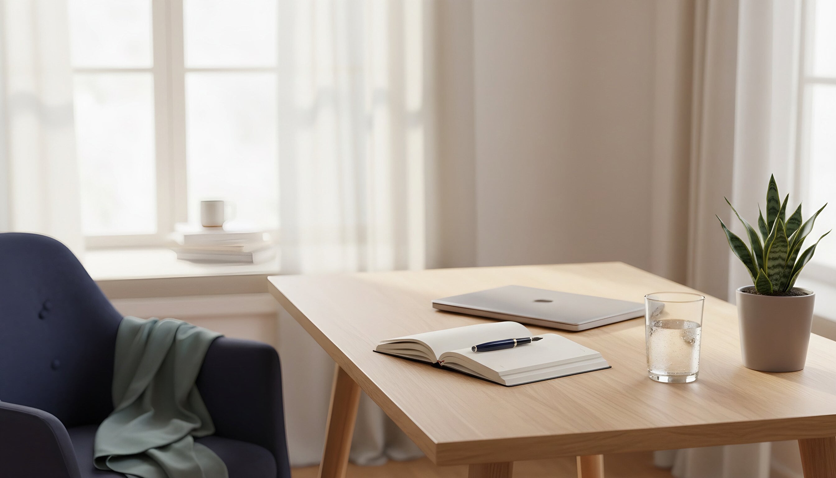 A calm desk by a window with a notebook, a pen, a closed laptop and a small plant.