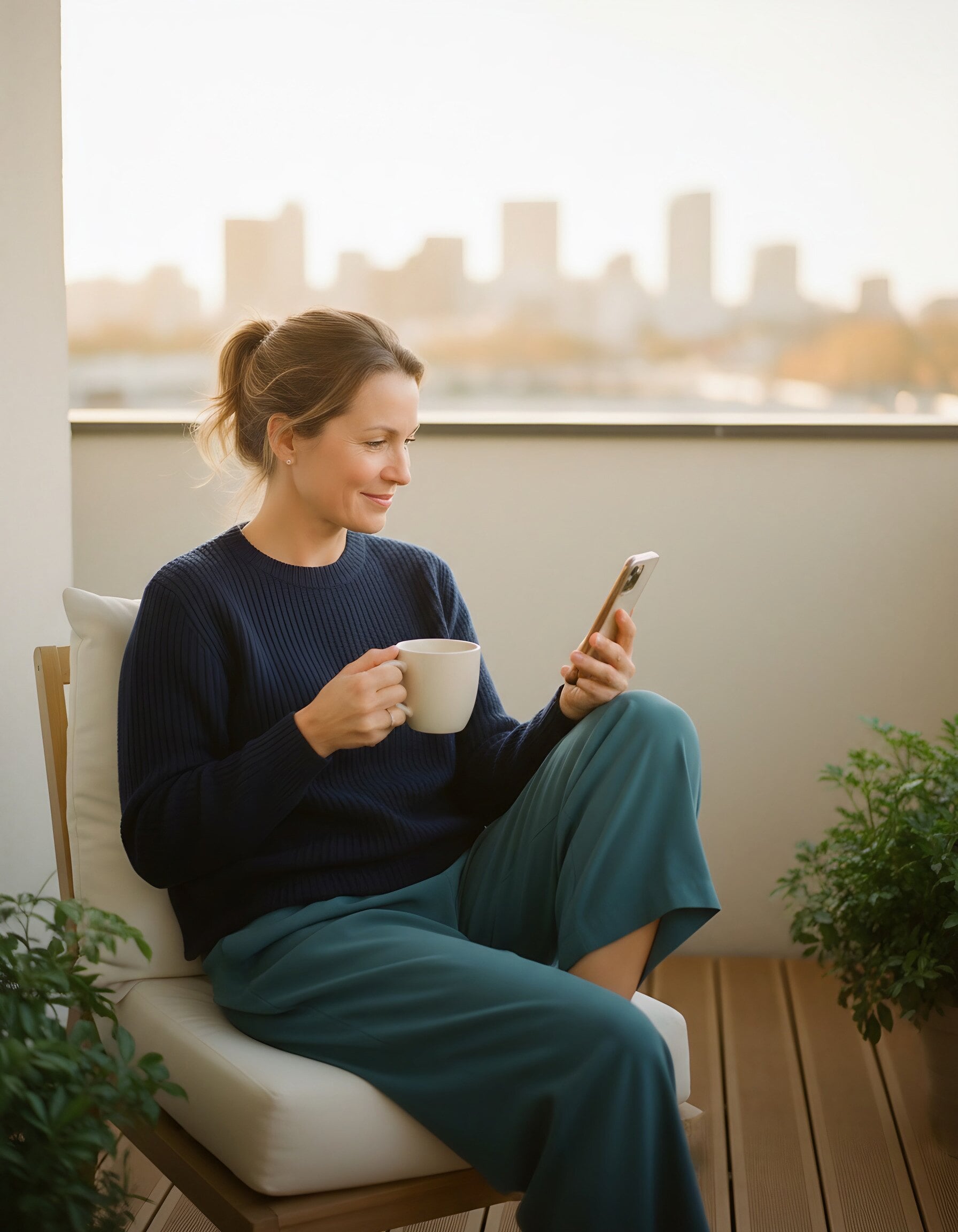 A woman on a balcony reading a message on her phone with a mug in her hand.