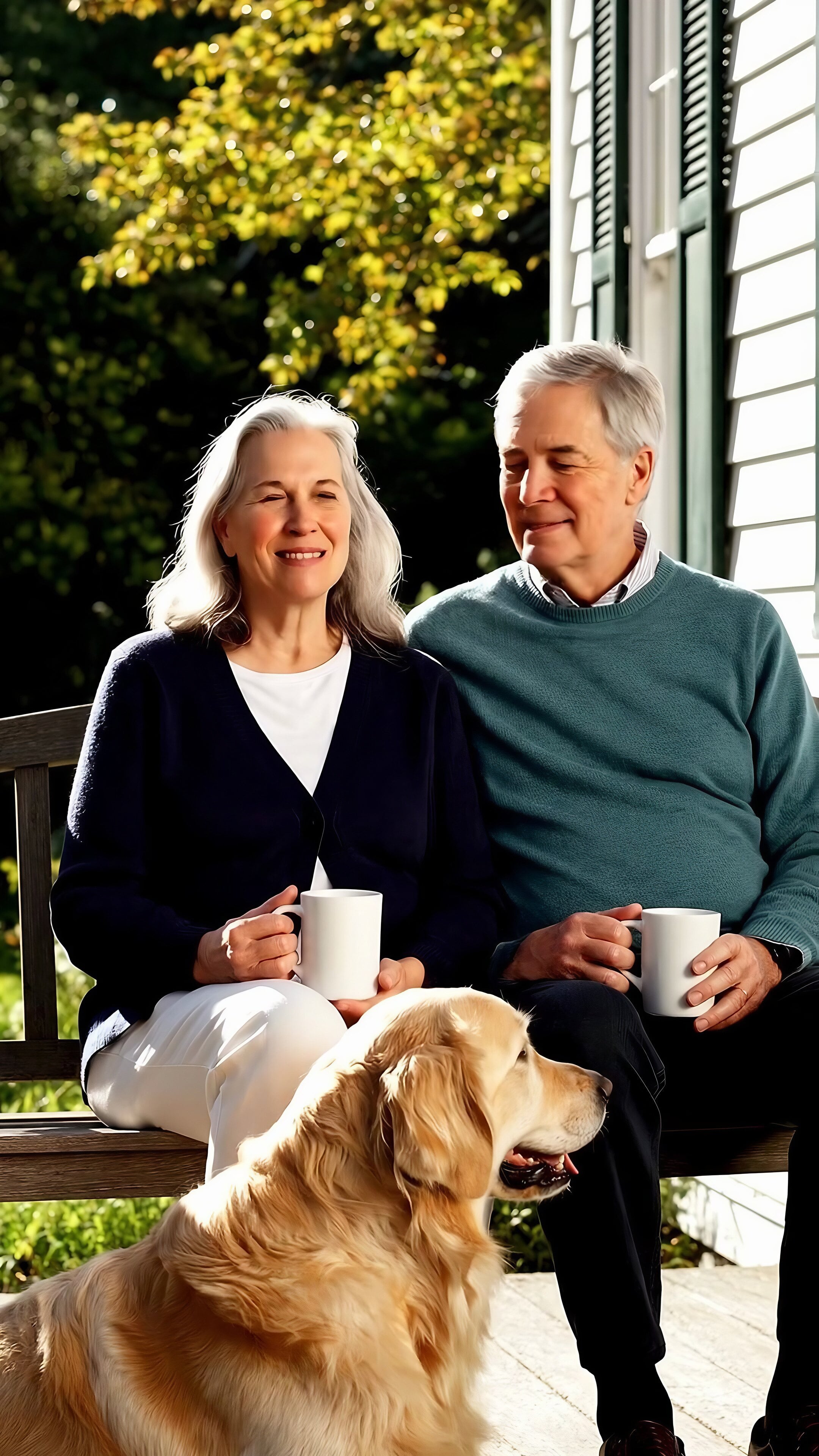 A couple in their sixties on a sunny front porch with mugs of coffee, their golden retriever beside them.