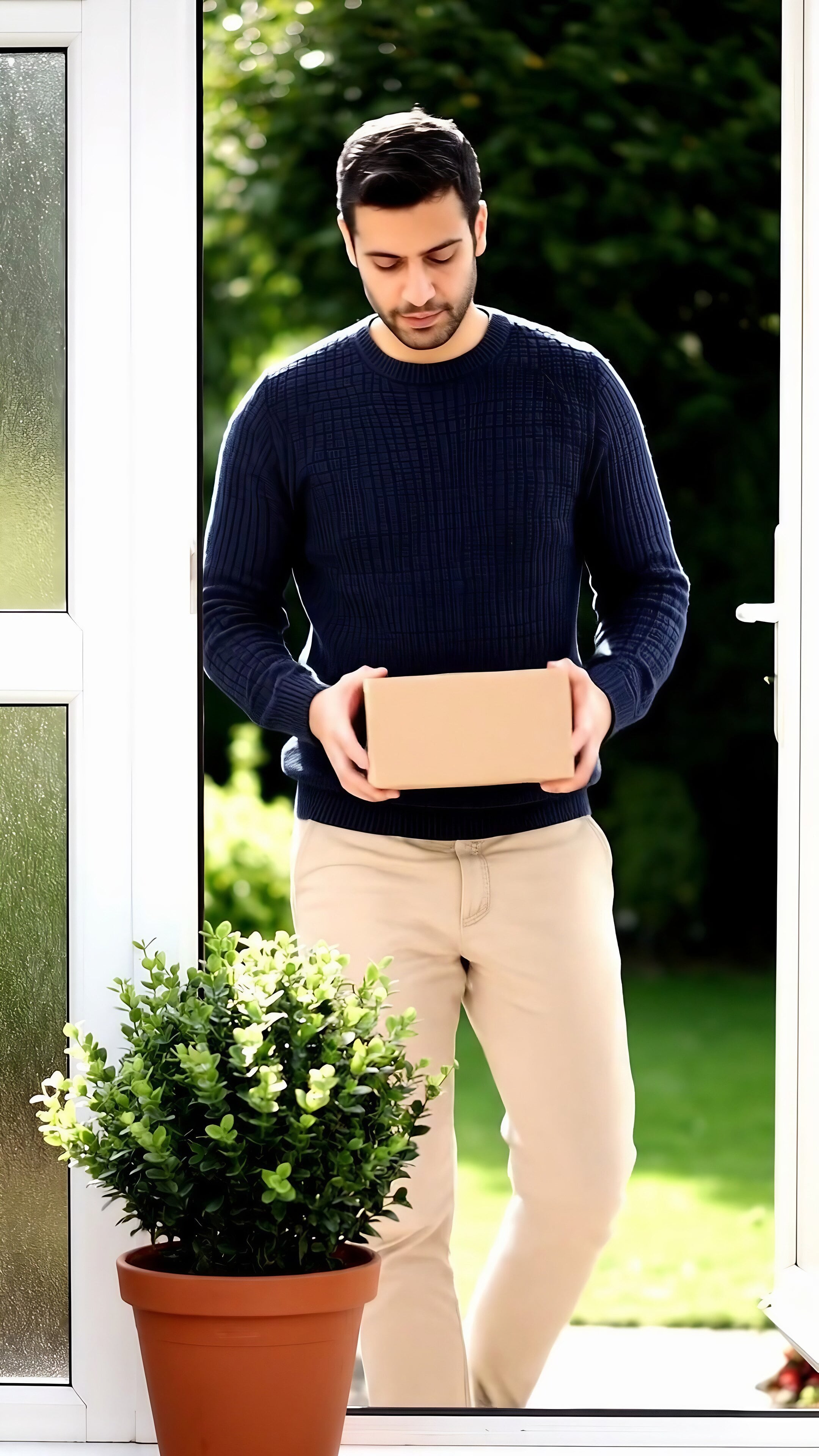 A man at his open front door holding a small, plain cardboard box he has just picked up from the step.