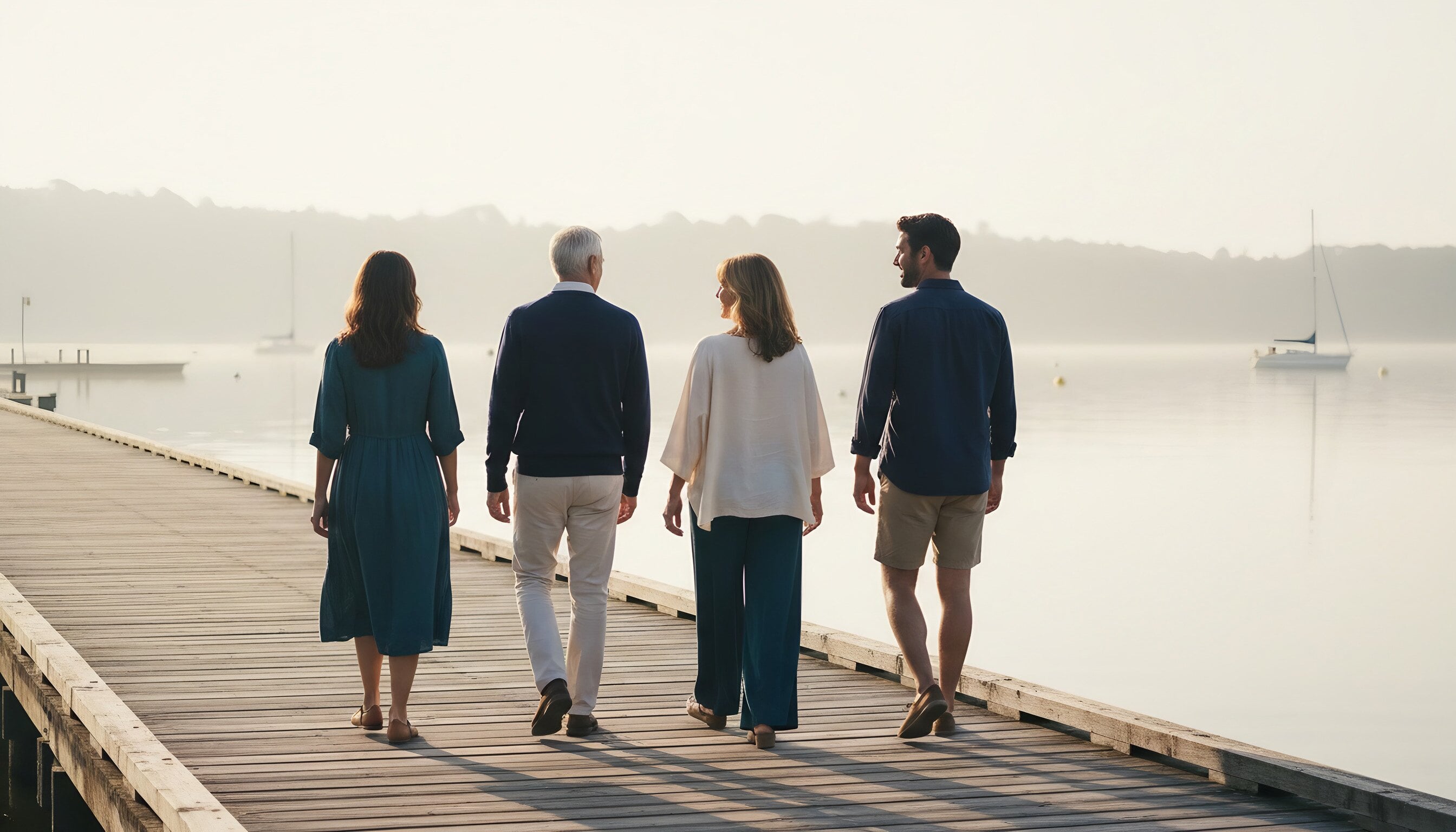 Four adults walking together along a boardwalk by the water in the morning.