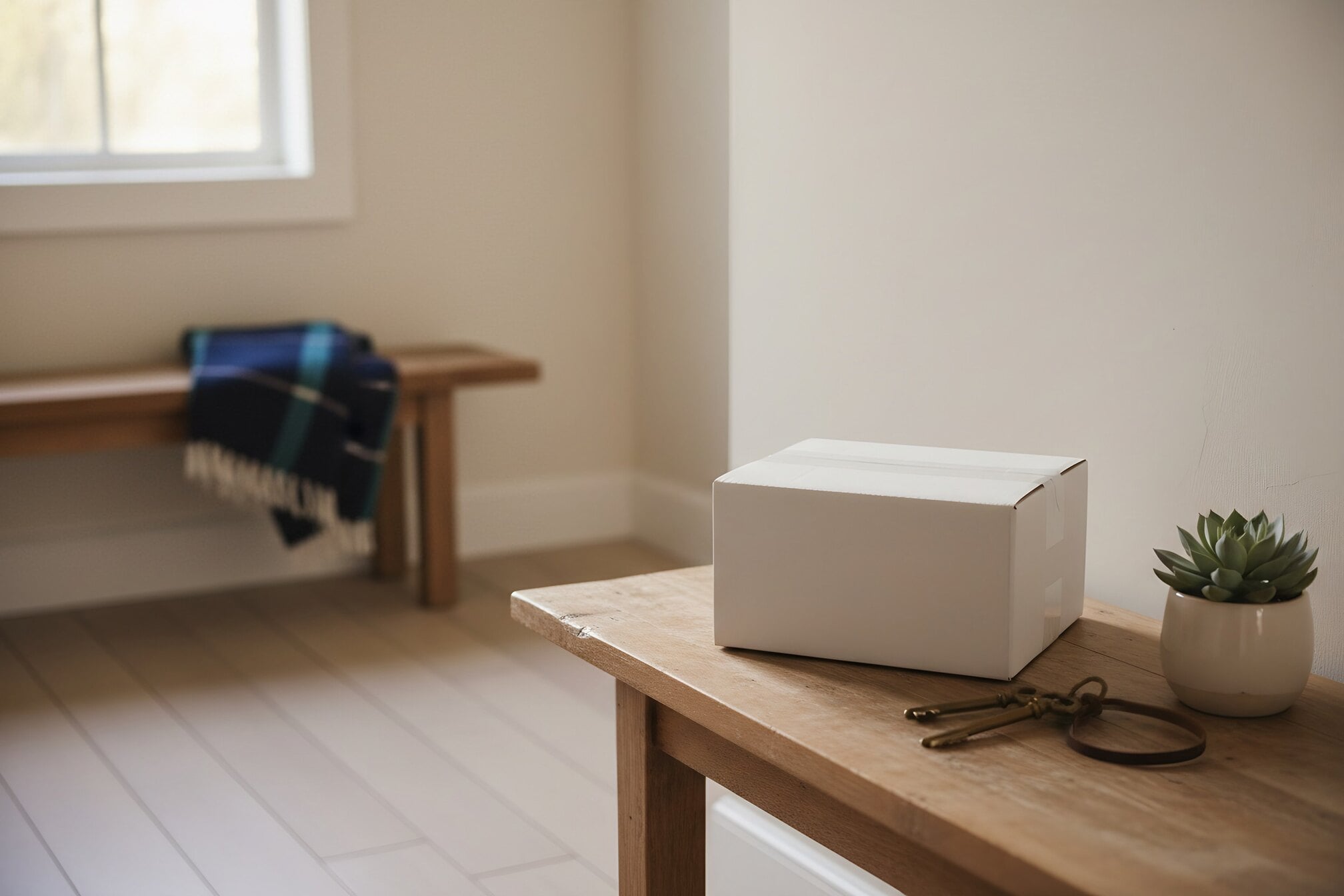 A plain white parcel on a hallway table beside a front door.